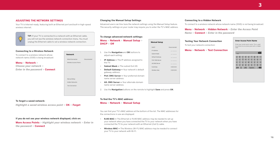 Adjusting the network settings, Connecting to a wireless network, Changing the manual setup settings | Connecting to a hidden network, Testing your network connection | Vizio M-Series Quantum Q7-J03 70" Class HDR 4K UHD Smart Quantum Dot LED TV User Manual | Page 22 / 48