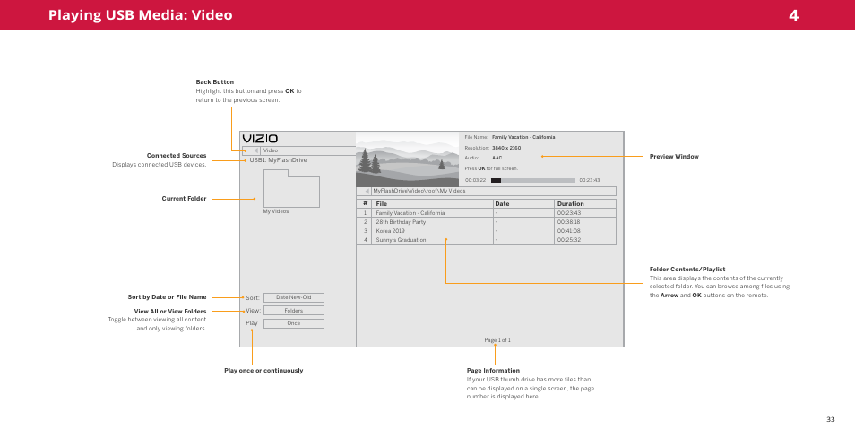Video, Playing usb media: video | Vizio M-Series Quantum Q7-J03 70" Class HDR 4K UHD Smart Quantum Dot LED TV User Manual | Page 39 / 48