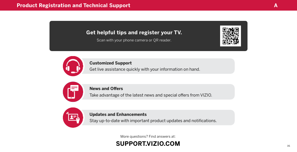 Product registration and technical support, Customized support, News and offers | Updates and enhancements | Vizio M-Series Quantum Q7-J03 70" Class HDR 4K UHD Smart Quantum Dot LED TV User Manual | Page 41 / 48