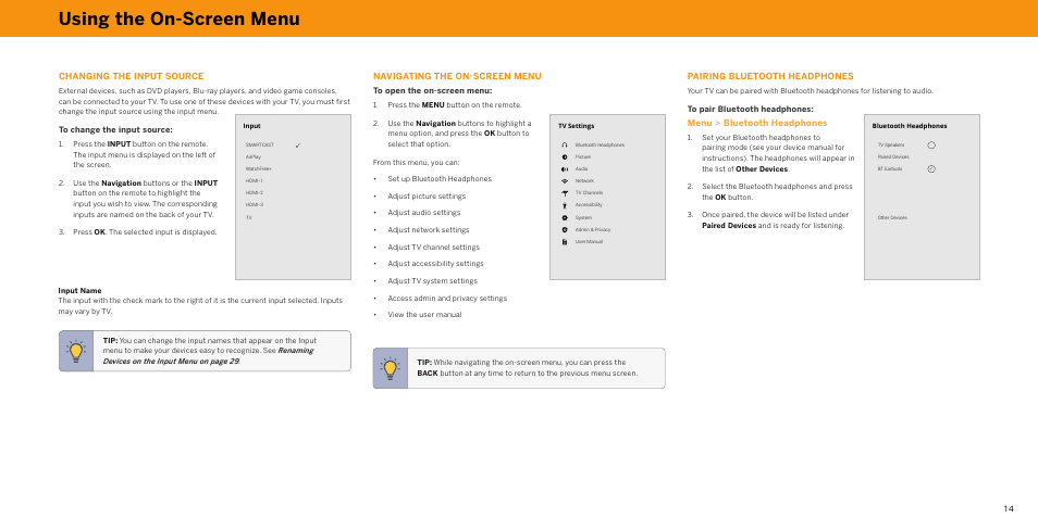 Using the on-screen menu | Vizio V-Series 43" 4K HDR Smart LED TV User Manual | Page 14 / 49