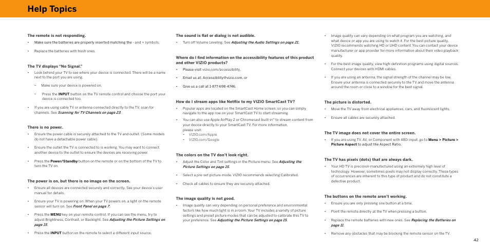 Help topics | Vizio V-Series 43" 4K HDR Smart LED TV User Manual | Page 42 / 49