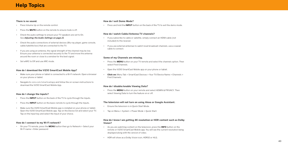 Help topics | Vizio V-Series 43" 4K HDR Smart LED TV User Manual | Page 43 / 49