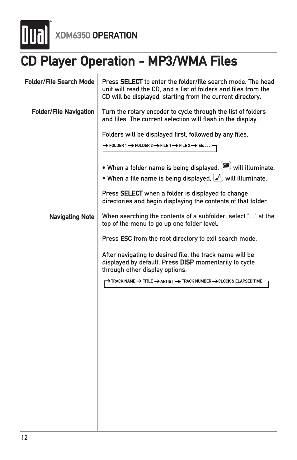 Cd player operation - mp3/wma files, Xdm6350 operation | Dual AM/FM/CD/MP3/WMA/USB/3.5mm Receiver XDM6350 User Manual | Page 12 / 24