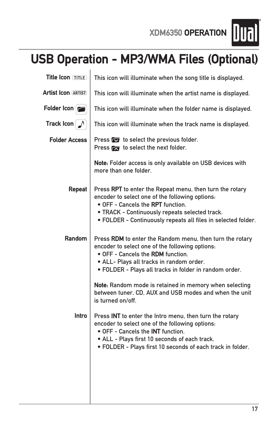 Usb operation - mp3/wma files (optional), Xdm6350 operation | Dual AM/FM/CD/MP3/WMA/USB/3.5mm Receiver XDM6350 User Manual | Page 17 / 24