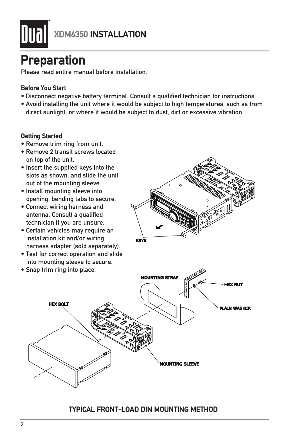 Preparation, Xdm6350 installation, Typical front-load din mounting method | Dual AM/FM/CD/MP3/WMA/USB/3.5mm Receiver XDM6350 User Manual | Page 2 / 24