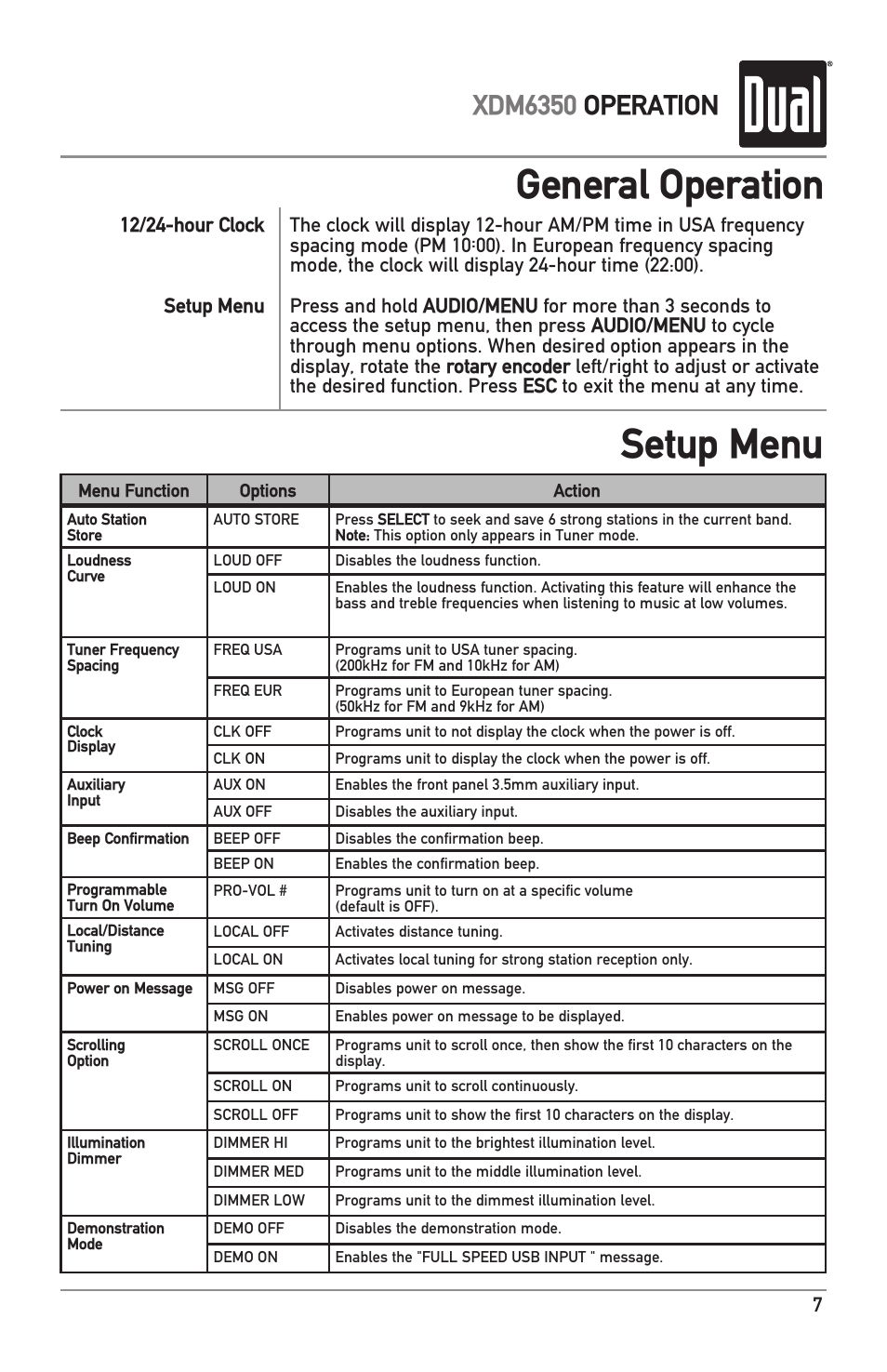 General operation setup menu, Xdm6350 operation | Dual AM/FM/CD/MP3/WMA/USB/3.5mm Receiver XDM6350 User Manual | Page 7 / 24