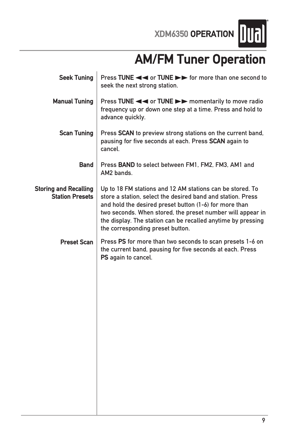 Am/fm tuner operation | Dual AM/FM/CD/MP3/WMA/USB/3.5mm Receiver XDM6350 User Manual | Page 9 / 24