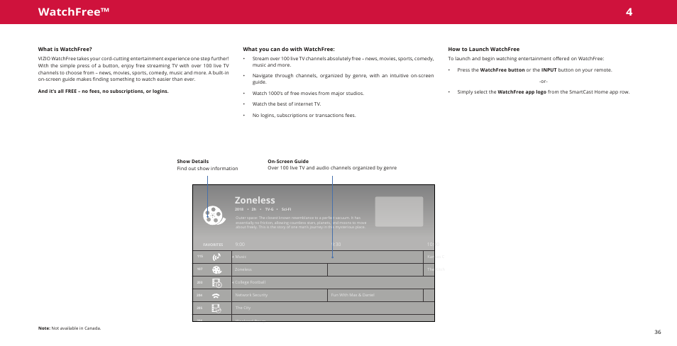 Watchfree, What is watchfree, What you can do with watchfree | How to launch watchfree, Zoneless | Vizio M-Series Quantum Q7-J01 58" Class HDR 4K UHD Smart Quantum Dot LED TV User Manual | Page 36 / 48