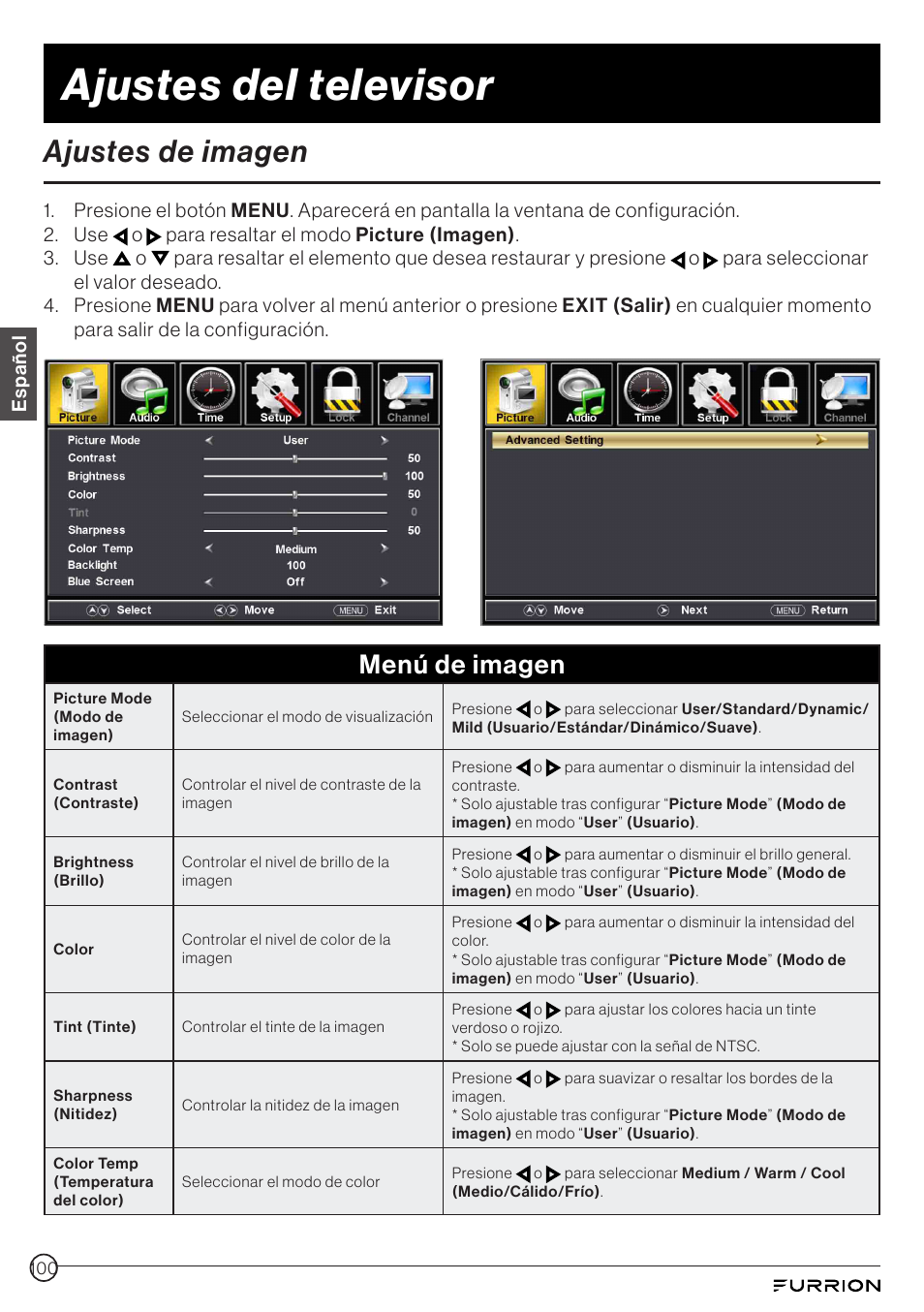 Ajustes de imagen, Ajustes del televisor, Menú de imagen | Furrion Aurora 49" Class HDR 4K UHD Full-Shade Outdoor LED TV User Manual | Page 100 / 117