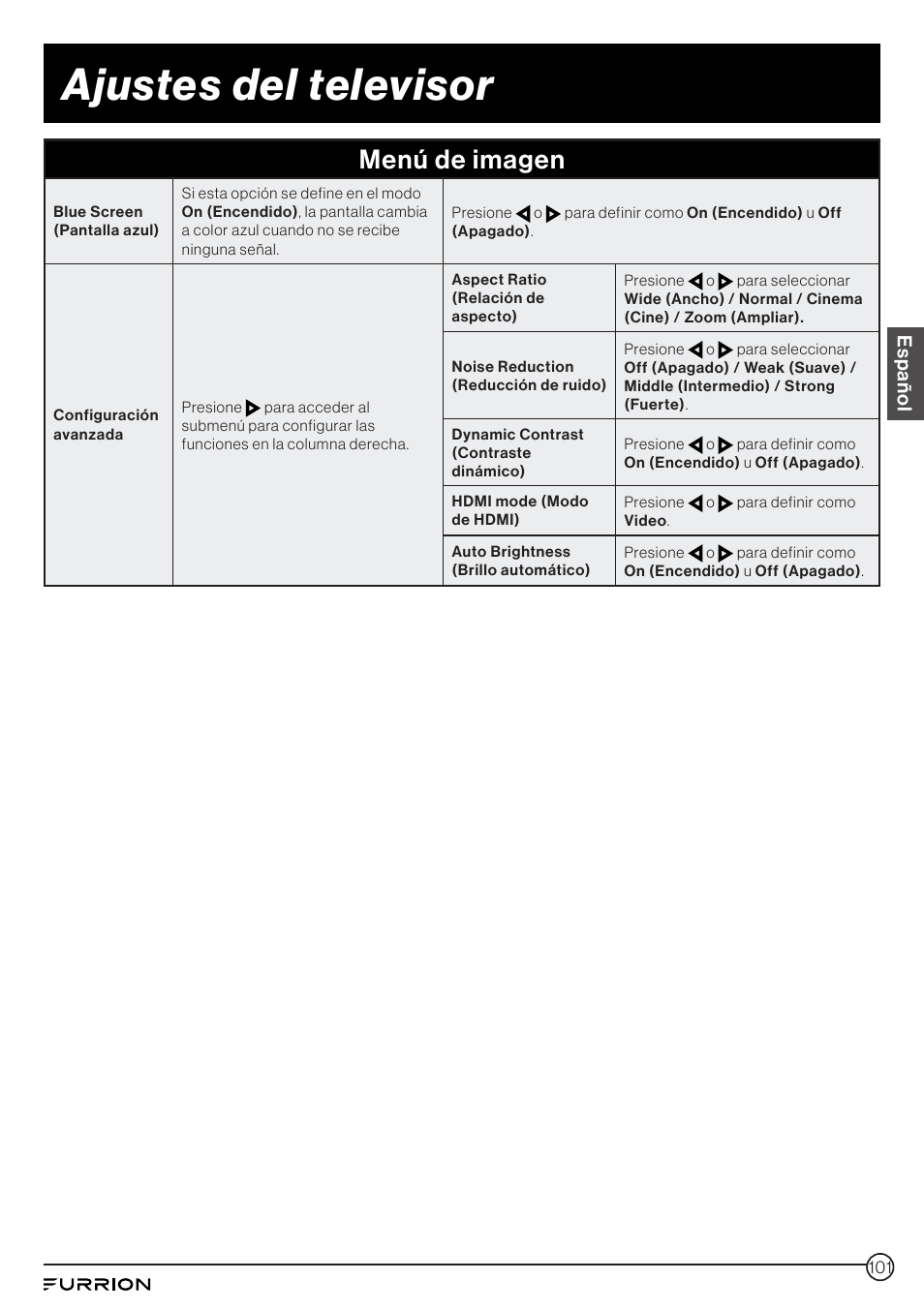 Ajustes del televisor, Menú de imagen, Español | Furrion Aurora 49" Class HDR 4K UHD Full-Shade Outdoor LED TV User Manual | Page 101 / 117