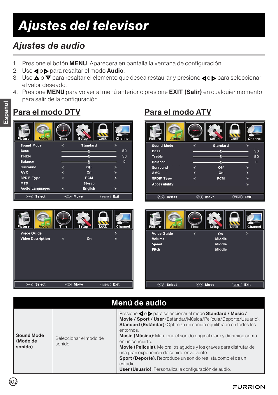 Ajustes de audio, Ajustes del televisor, Para el modo dtv para el modo atv menú de audio | Furrion Aurora 49" Class HDR 4K UHD Full-Shade Outdoor LED TV User Manual | Page 102 / 117