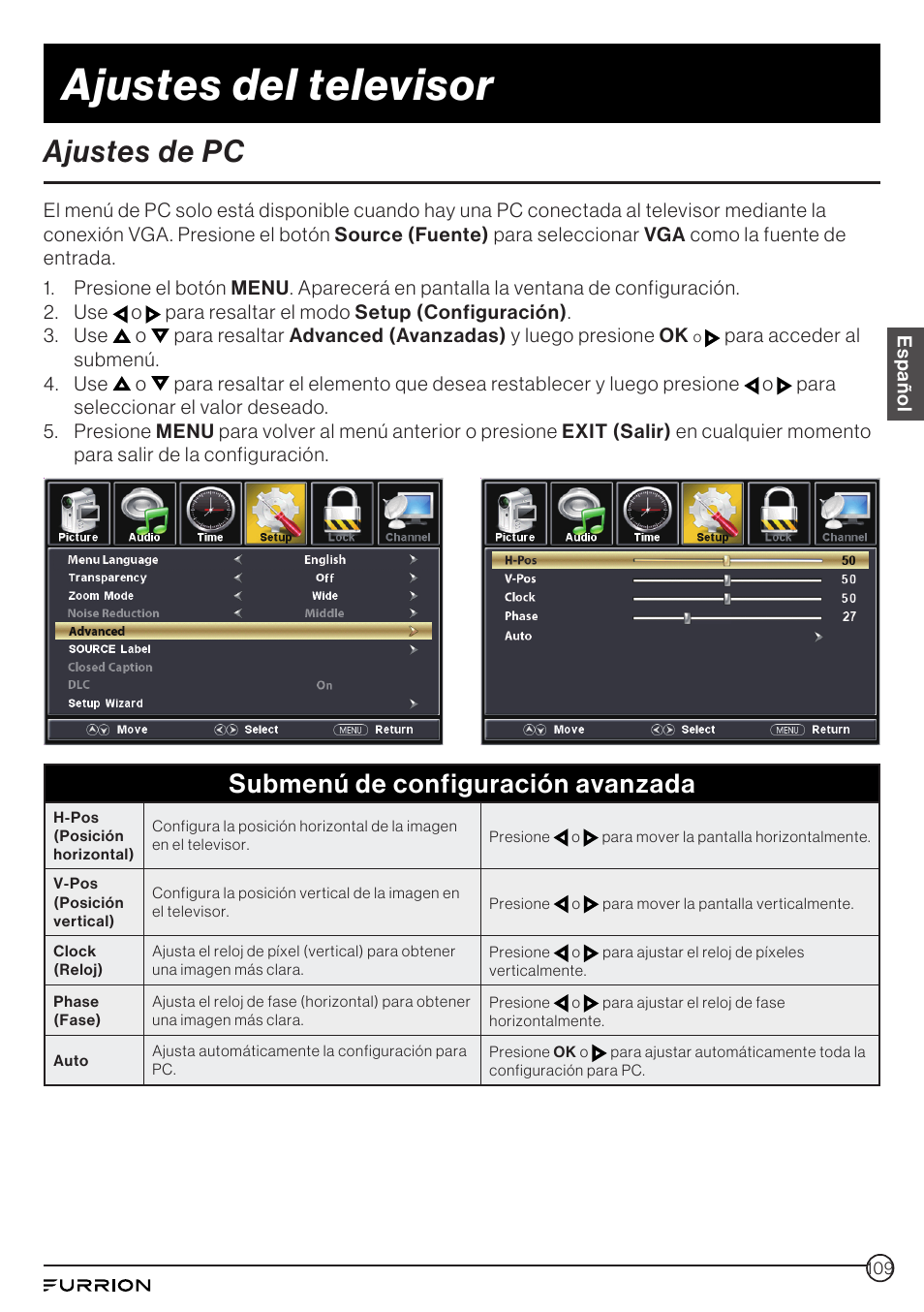 Ajustes de pc, Ajustes del televisor, Submenú de configuración avanzada | Furrion Aurora 49" Class HDR 4K UHD Full-Shade Outdoor LED TV User Manual | Page 109 / 117