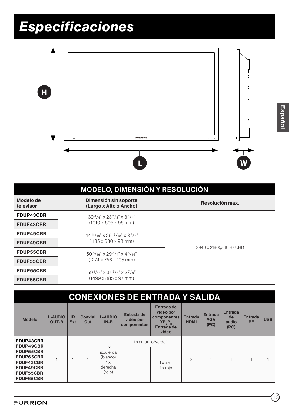 Especificaciones, Conexiones de entrada y salida, Wh l | Modelo, dimensión y resolución, Español | Furrion Aurora 49" Class HDR 4K UHD Full-Shade Outdoor LED TV User Manual | Page 113 / 117