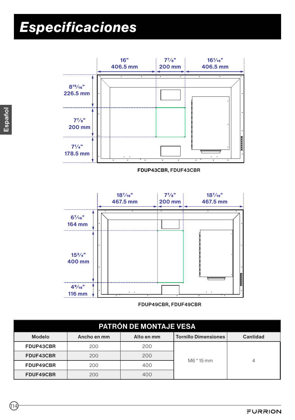 Especificaciones, Patrón de montaje vesa | Furrion Aurora 49" Class HDR 4K UHD Full-Shade Outdoor LED TV User Manual | Page 114 / 117