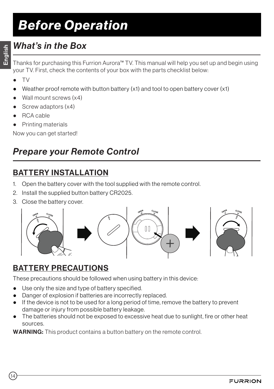 Before operation, What’s in the box prepare your remote control, What’s in the box | Prepare your remote control, Battery installation, Battery precautions | Furrion Aurora 49" Class HDR 4K UHD Full-Shade Outdoor LED TV User Manual | Page 14 / 117