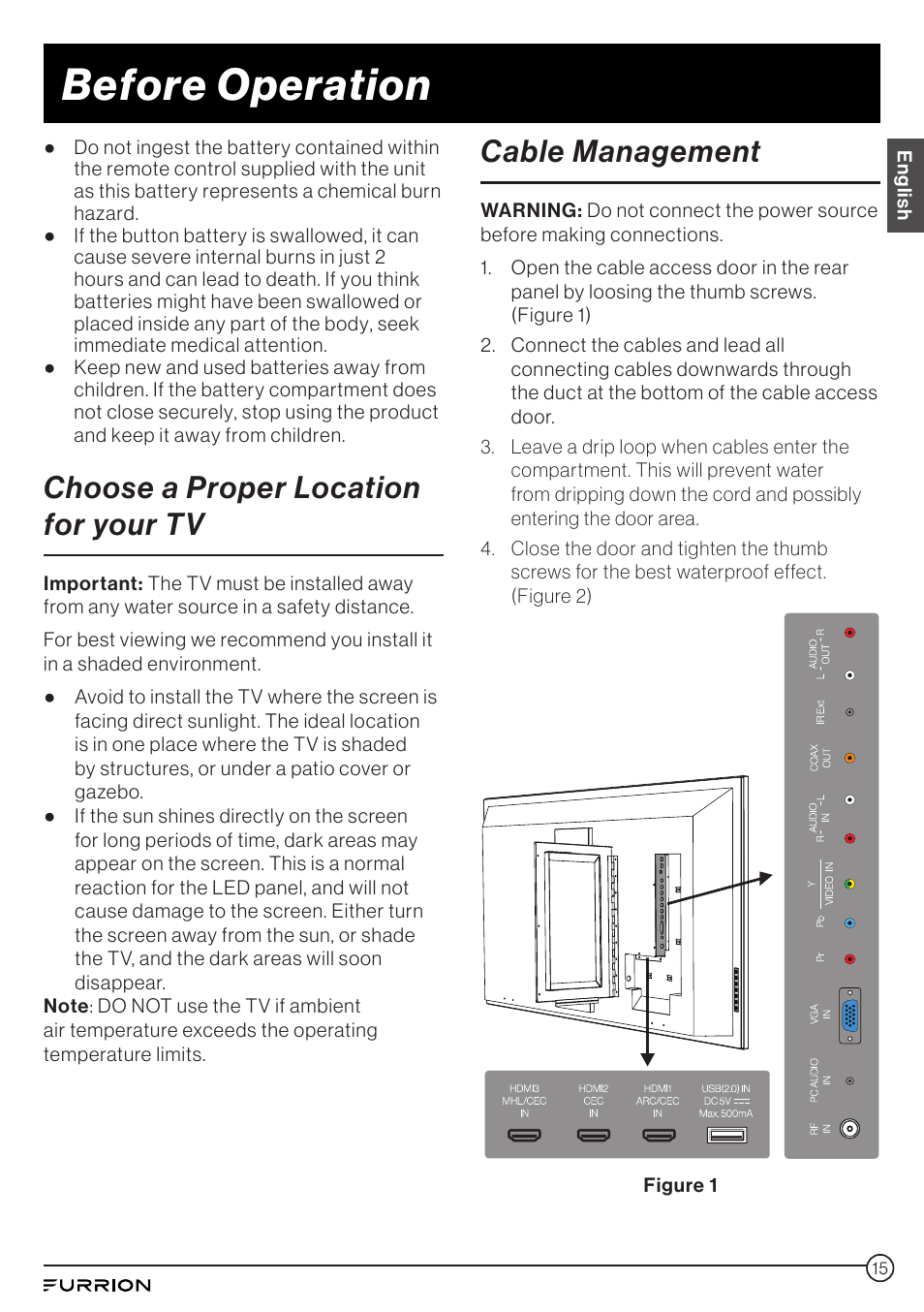 Before operation, Choose a proper location for your tv, Cable management | Furrion Aurora 49" Class HDR 4K UHD Full-Shade Outdoor LED TV User Manual | Page 15 / 117