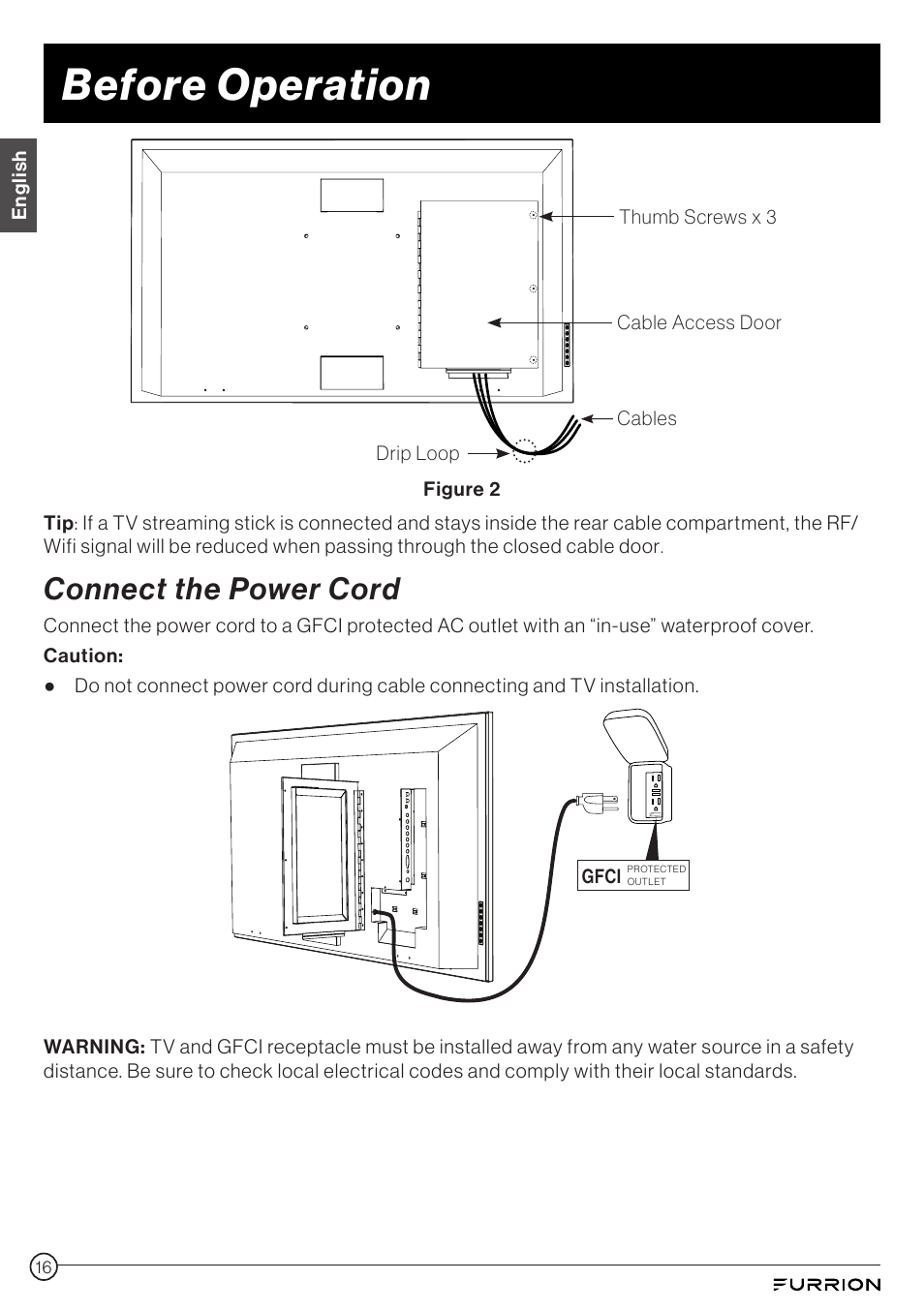 Before operation, Connect the power cord | Furrion Aurora 49" Class HDR 4K UHD Full-Shade Outdoor LED TV User Manual | Page 16 / 117