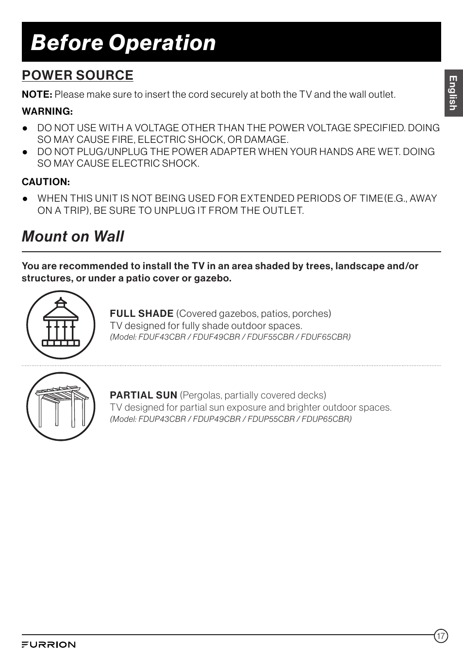 Mount on wall, Before operation, Power source | Furrion Aurora 49" Class HDR 4K UHD Full-Shade Outdoor LED TV User Manual | Page 17 / 117