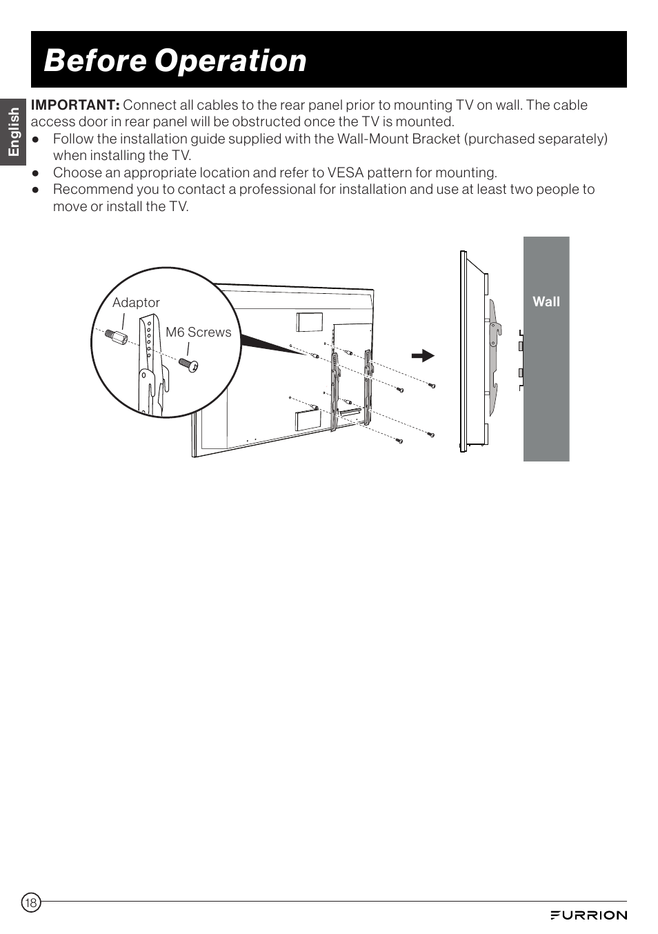 Before operation | Furrion Aurora 49" Class HDR 4K UHD Full-Shade Outdoor LED TV User Manual | Page 18 / 117