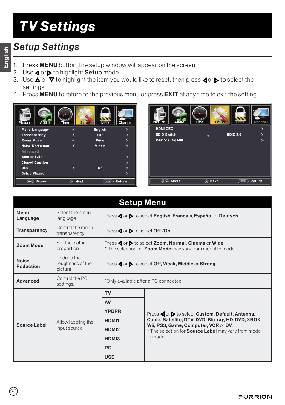 Tv settings, Setup settings, Setup menu | Furrion Aurora 49" Class HDR 4K UHD Full-Shade Outdoor LED TV User Manual | Page 20 / 117