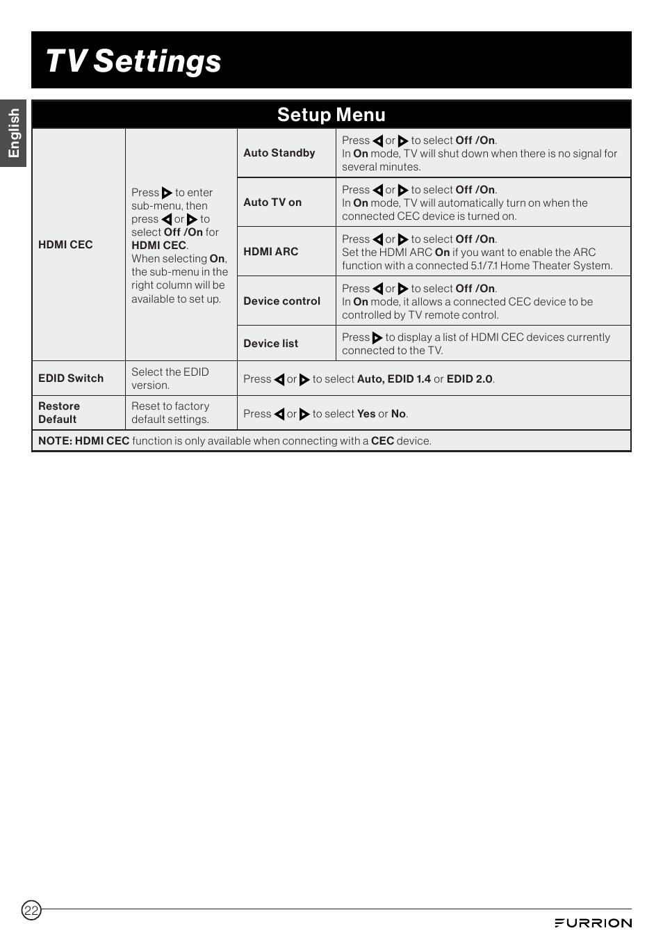 Tv settings, Setup menu, English | Furrion Aurora 49" Class HDR 4K UHD Full-Shade Outdoor LED TV User Manual | Page 22 / 117