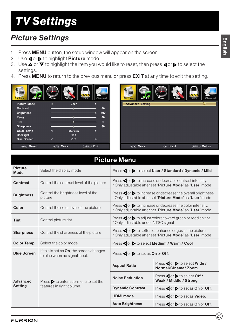 Picture settings, Tv settings, Picture menu | English | Furrion Aurora 49" Class HDR 4K UHD Full-Shade Outdoor LED TV User Manual | Page 23 / 117