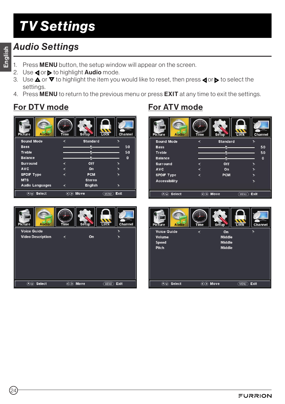 Audio settings, Tv settings, For dtv mode for atv mode | Furrion Aurora 49" Class HDR 4K UHD Full-Shade Outdoor LED TV User Manual | Page 24 / 117