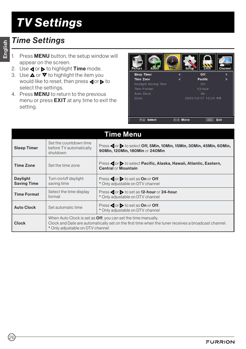 Time settings, Tv settings, Time menu | Furrion Aurora 49" Class HDR 4K UHD Full-Shade Outdoor LED TV User Manual | Page 26 / 117