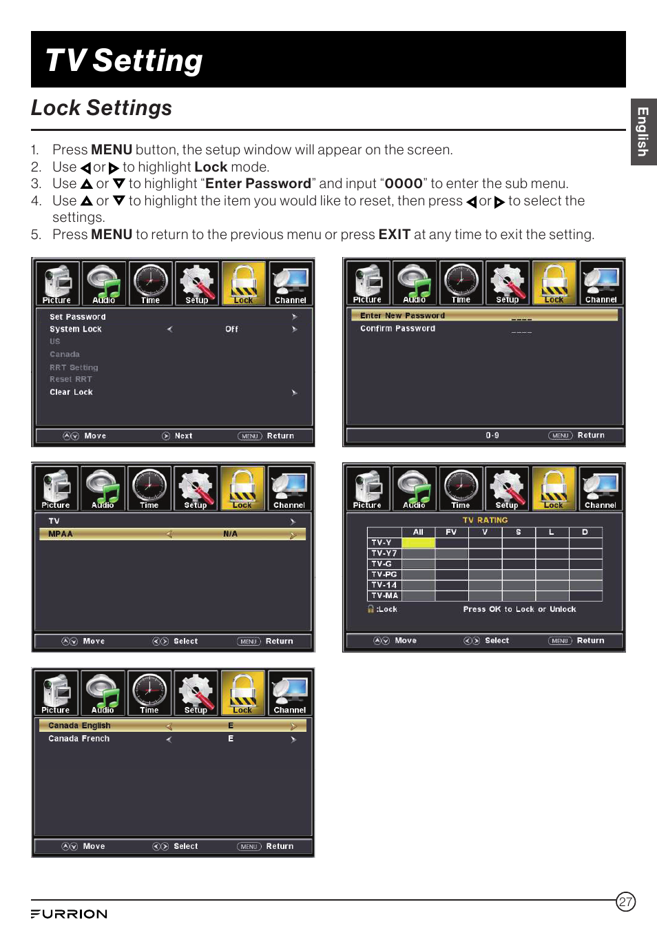 Lock settings, Tv setting | Furrion Aurora 49" Class HDR 4K UHD Full-Shade Outdoor LED TV User Manual | Page 27 / 117