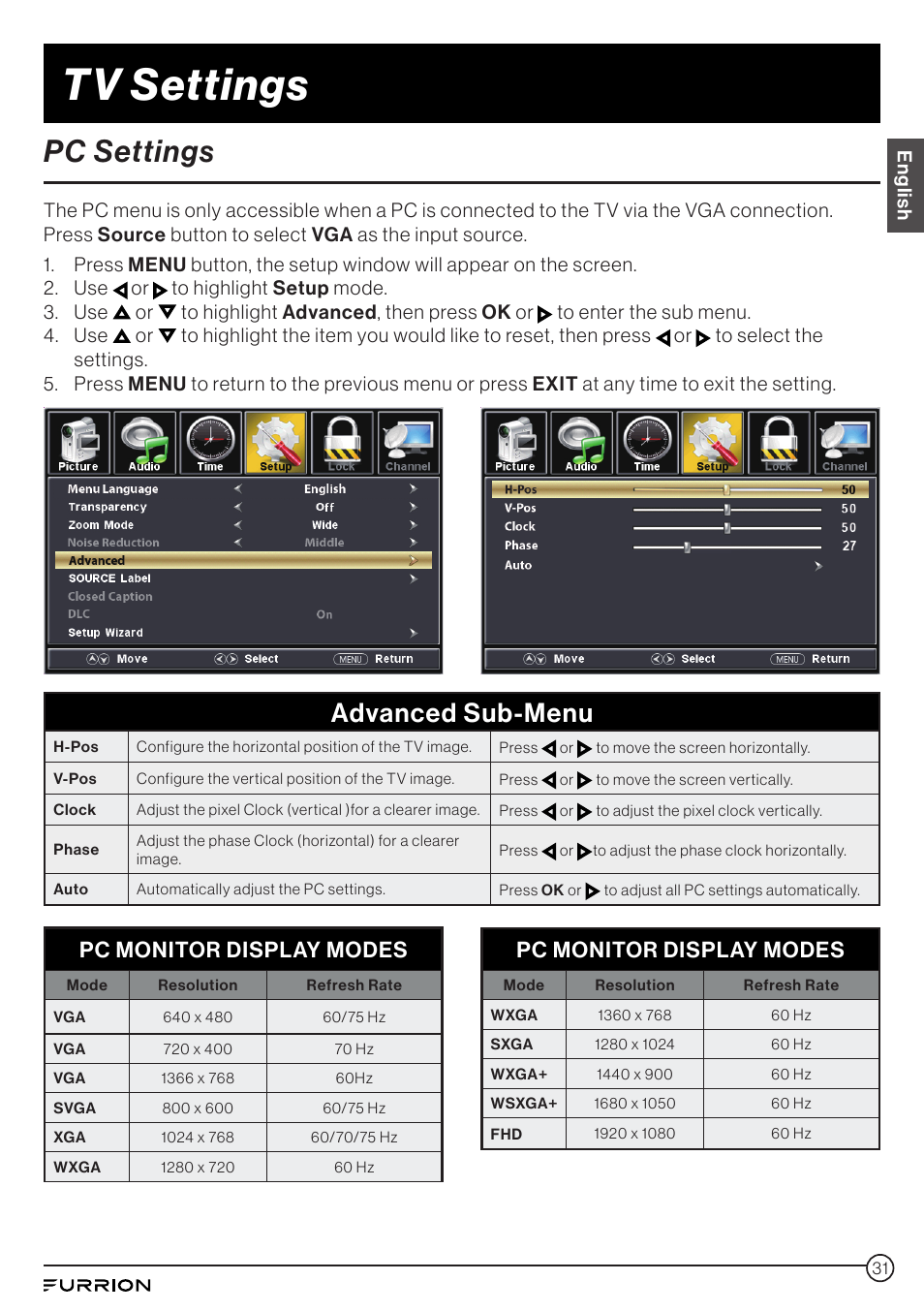 Pc settings, Tv settings, Advanced sub-menu | Pc monitor display modes | Furrion Aurora 49" Class HDR 4K UHD Full-Shade Outdoor LED TV User Manual | Page 31 / 117