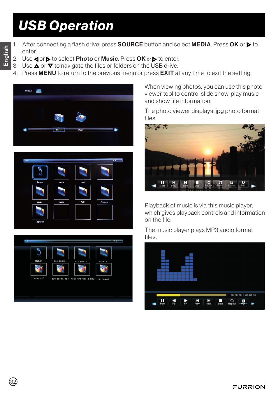 Usb operation | Furrion Aurora 49" Class HDR 4K UHD Full-Shade Outdoor LED TV User Manual | Page 32 / 117