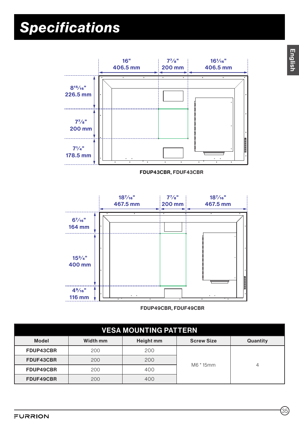 Specifications, Vesa mounting pattern | Furrion Aurora 49" Class HDR 4K UHD Full-Shade Outdoor LED TV User Manual | Page 35 / 117