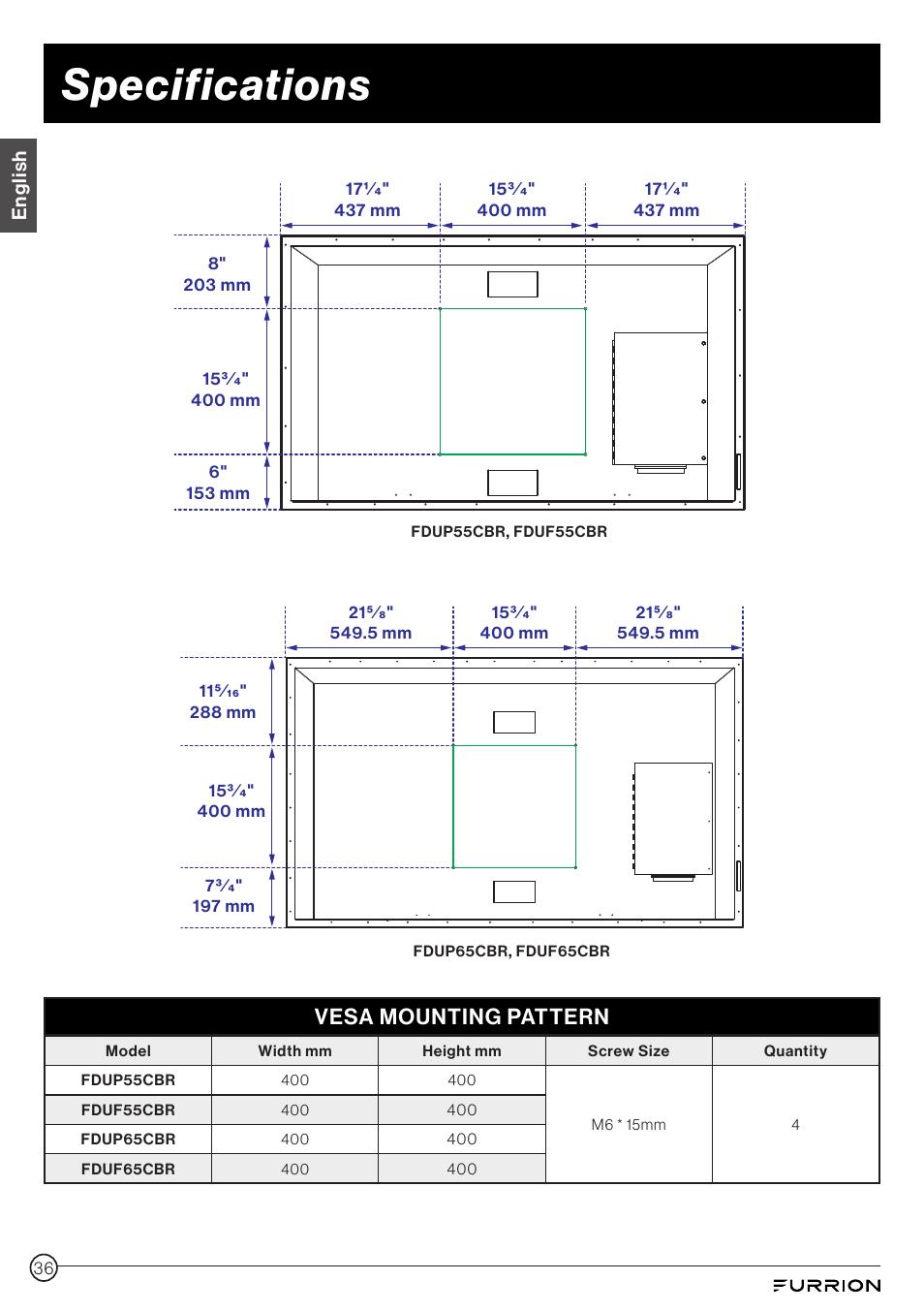 Specifications, Vesa mounting pattern | Furrion Aurora 49" Class HDR 4K UHD Full-Shade Outdoor LED TV User Manual | Page 36 / 117