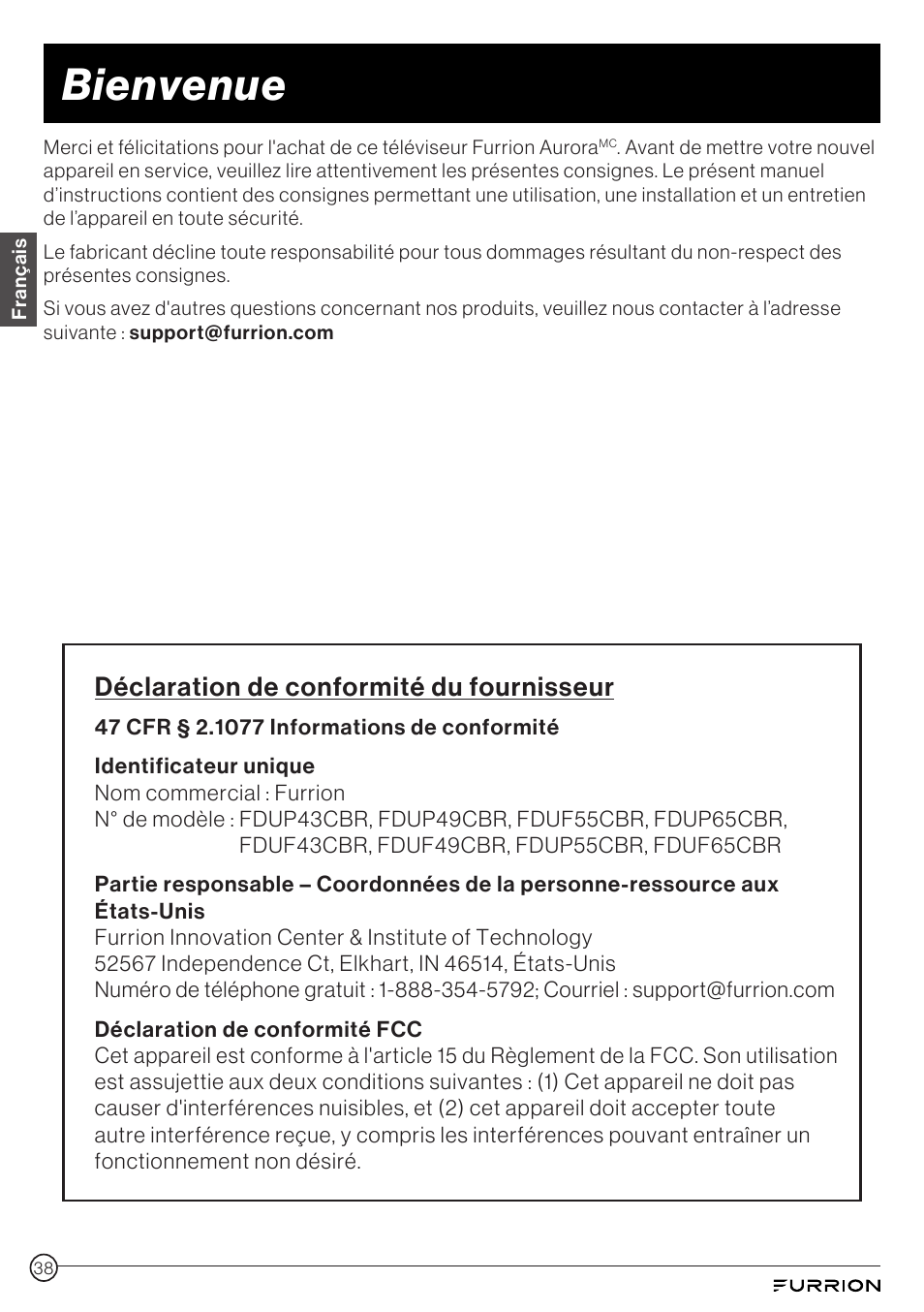 Bienvenue, Déclaration de conformité du fournisseur | Furrion Aurora 49" Class HDR 4K UHD Full-Shade Outdoor LED TV User Manual | Page 38 / 117