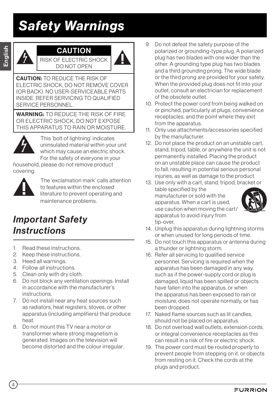 Safety warnings, Important safety instructions, Caution | Furrion Aurora 49" Class HDR 4K UHD Full-Shade Outdoor LED TV User Manual | Page 4 / 117