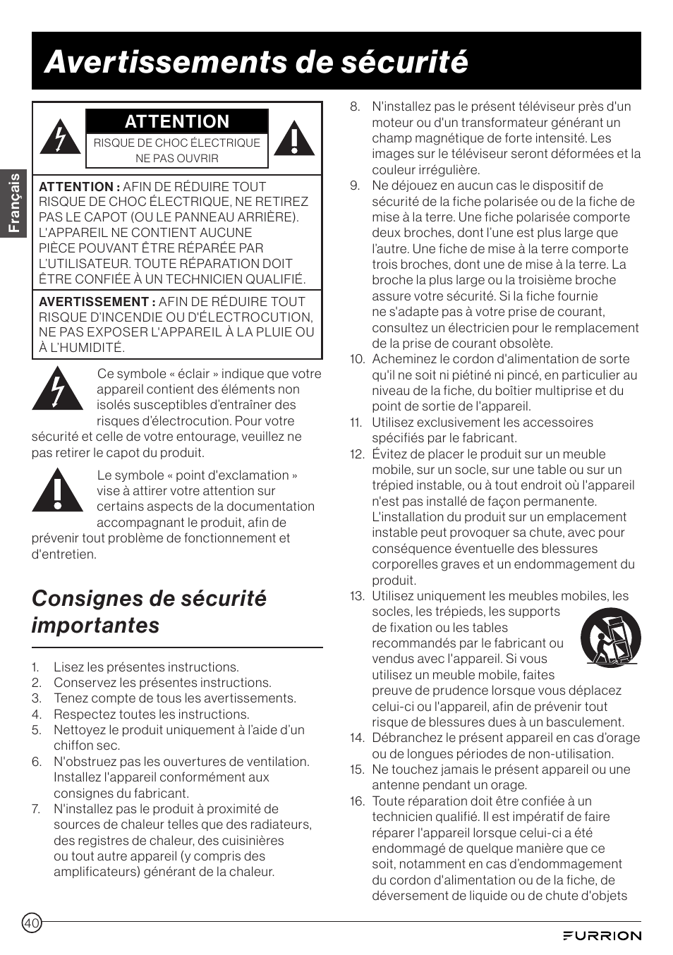 Avertissements de sécurité, Consignes de sécurité importantes, Attention | Furrion Aurora 49" Class HDR 4K UHD Full-Shade Outdoor LED TV User Manual | Page 40 / 117