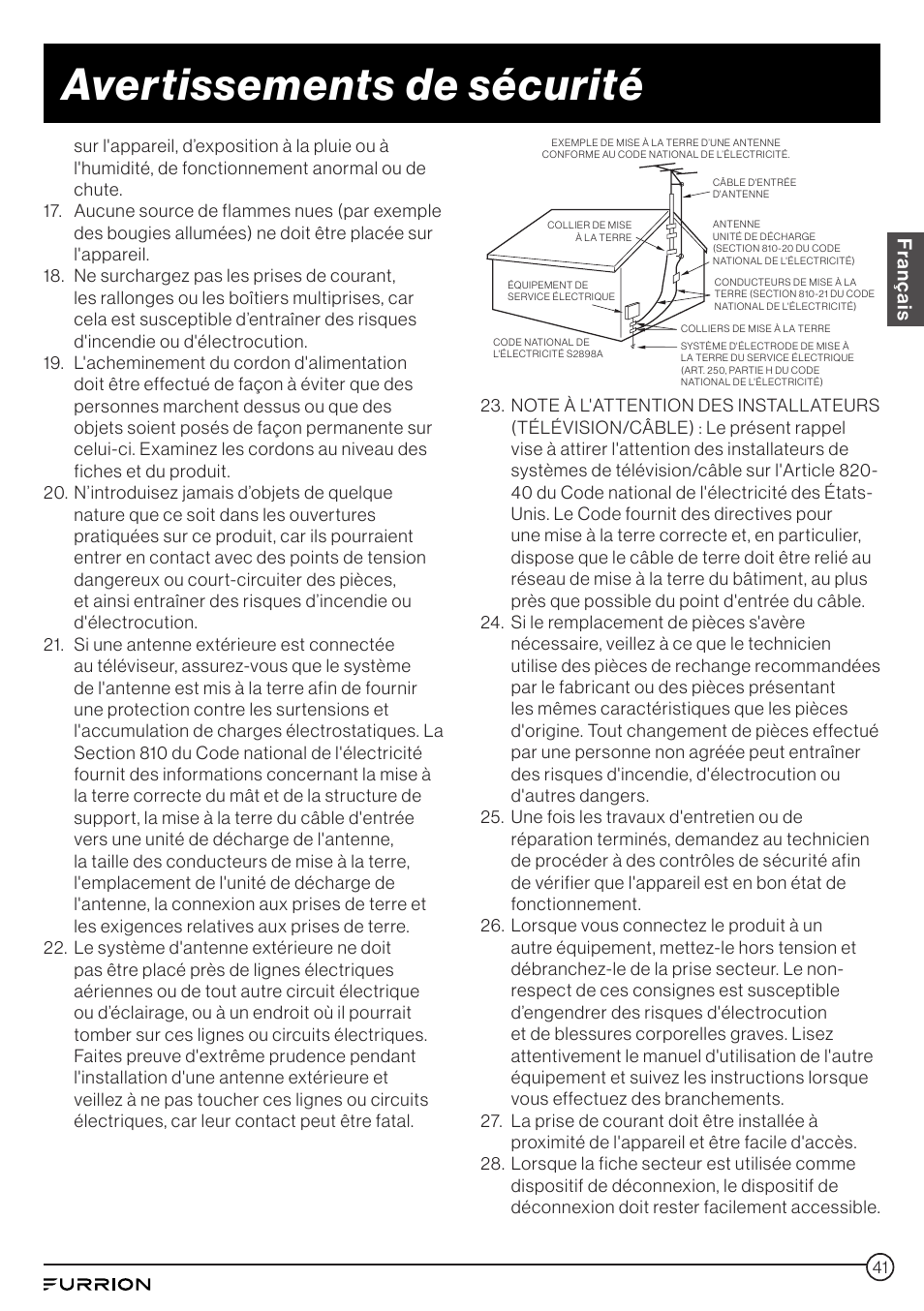 Avertissements de sécurité, Français | Furrion Aurora 49" Class HDR 4K UHD Full-Shade Outdoor LED TV User Manual | Page 41 / 117