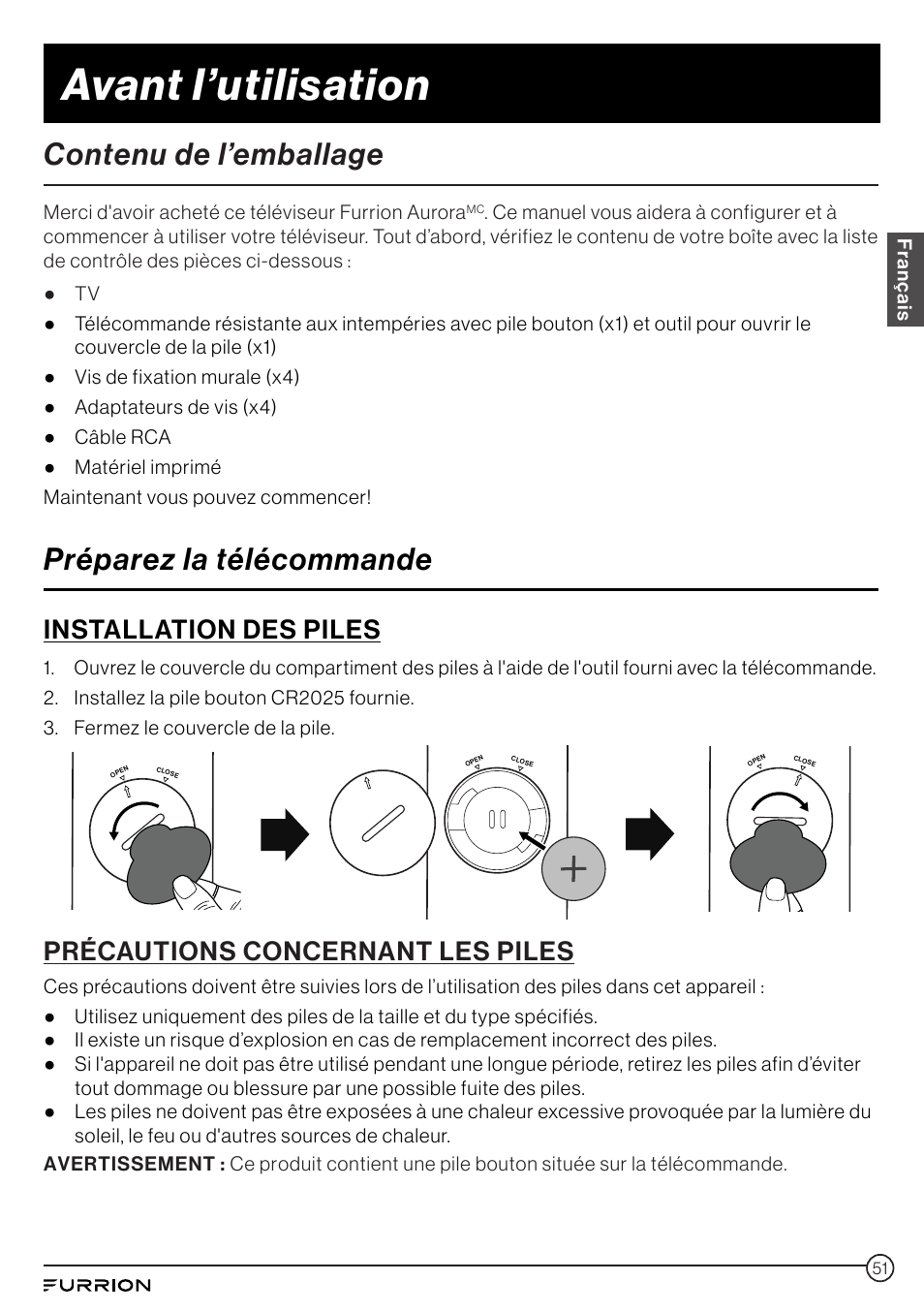 Avant l’utilisation, Contenu de l’emballage préparez la télécommande, Contenu de l’emballage | Préparez la télécommande, Installation des piles, Précautions concernant les piles | Furrion Aurora 49" Class HDR 4K UHD Full-Shade Outdoor LED TV User Manual | Page 51 / 117