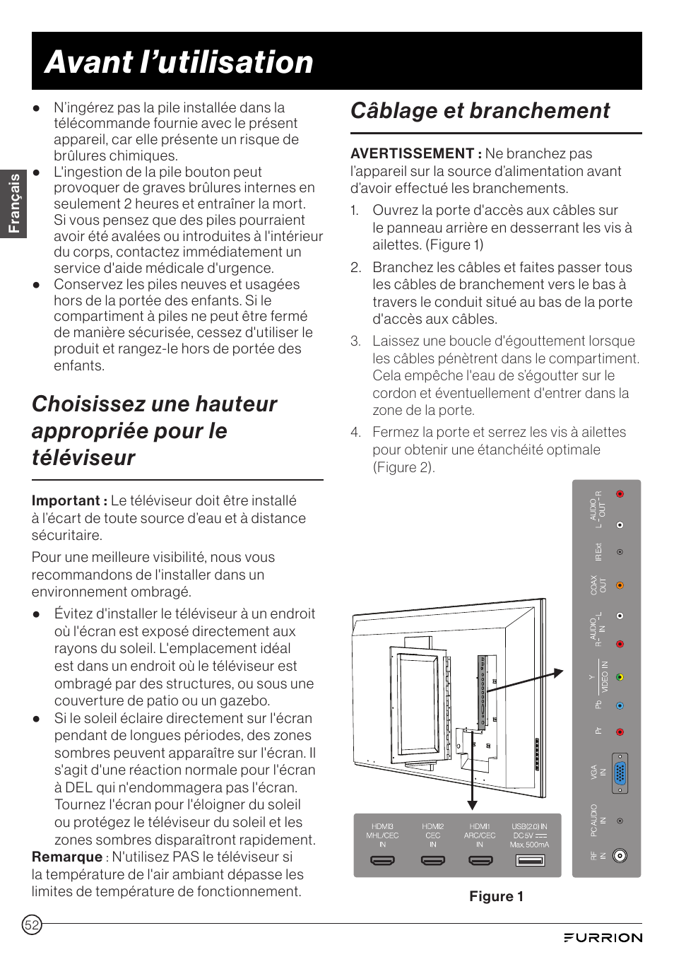 Avant l’utilisation, Câblage et branchement | Furrion Aurora 49" Class HDR 4K UHD Full-Shade Outdoor LED TV User Manual | Page 52 / 117