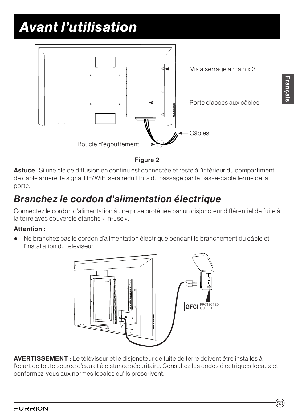 Avant l’utilisation, Branchez le cordon d'alimentation électrique | Furrion Aurora 49