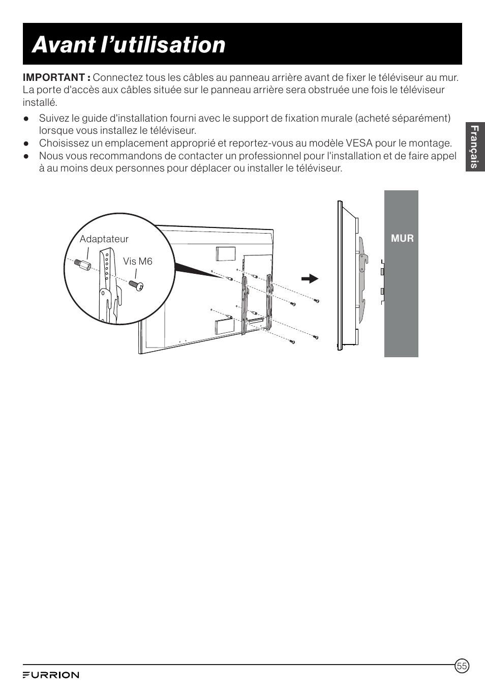 Avant l’utilisation | Furrion Aurora 49" Class HDR 4K UHD Full-Shade Outdoor LED TV User Manual | Page 55 / 117