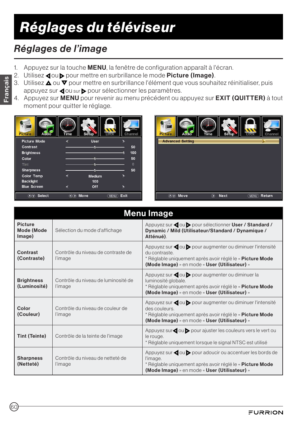 Réglages de l’image, Réglages du téléviseur, Menu image | Furrion Aurora 49" Class HDR 4K UHD Full-Shade Outdoor LED TV User Manual | Page 60 / 117