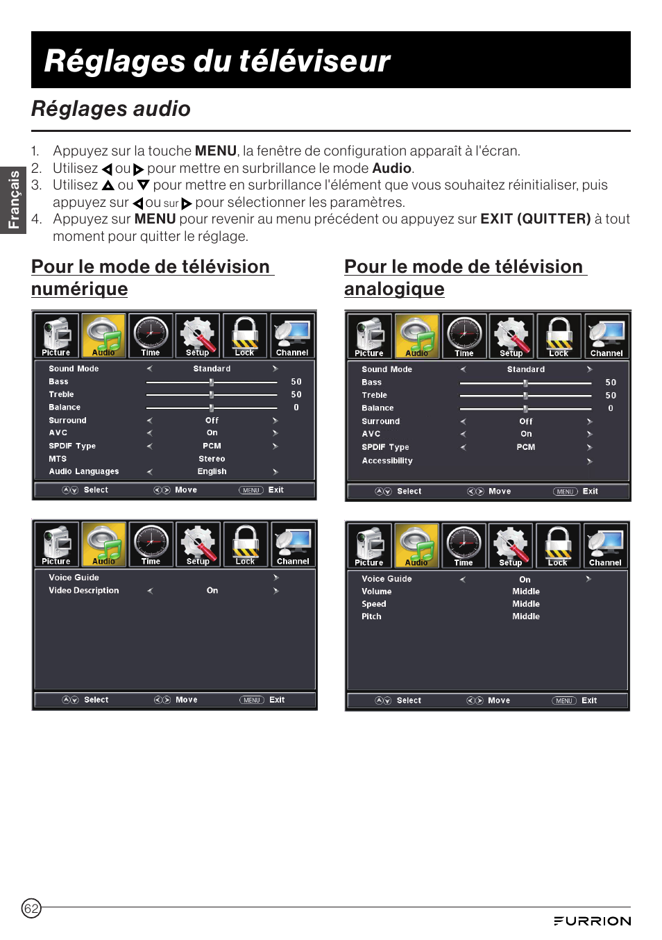 Réglages audio, Réglages du téléviseur | Furrion Aurora 49" Class HDR 4K UHD Full-Shade Outdoor LED TV User Manual | Page 62 / 117