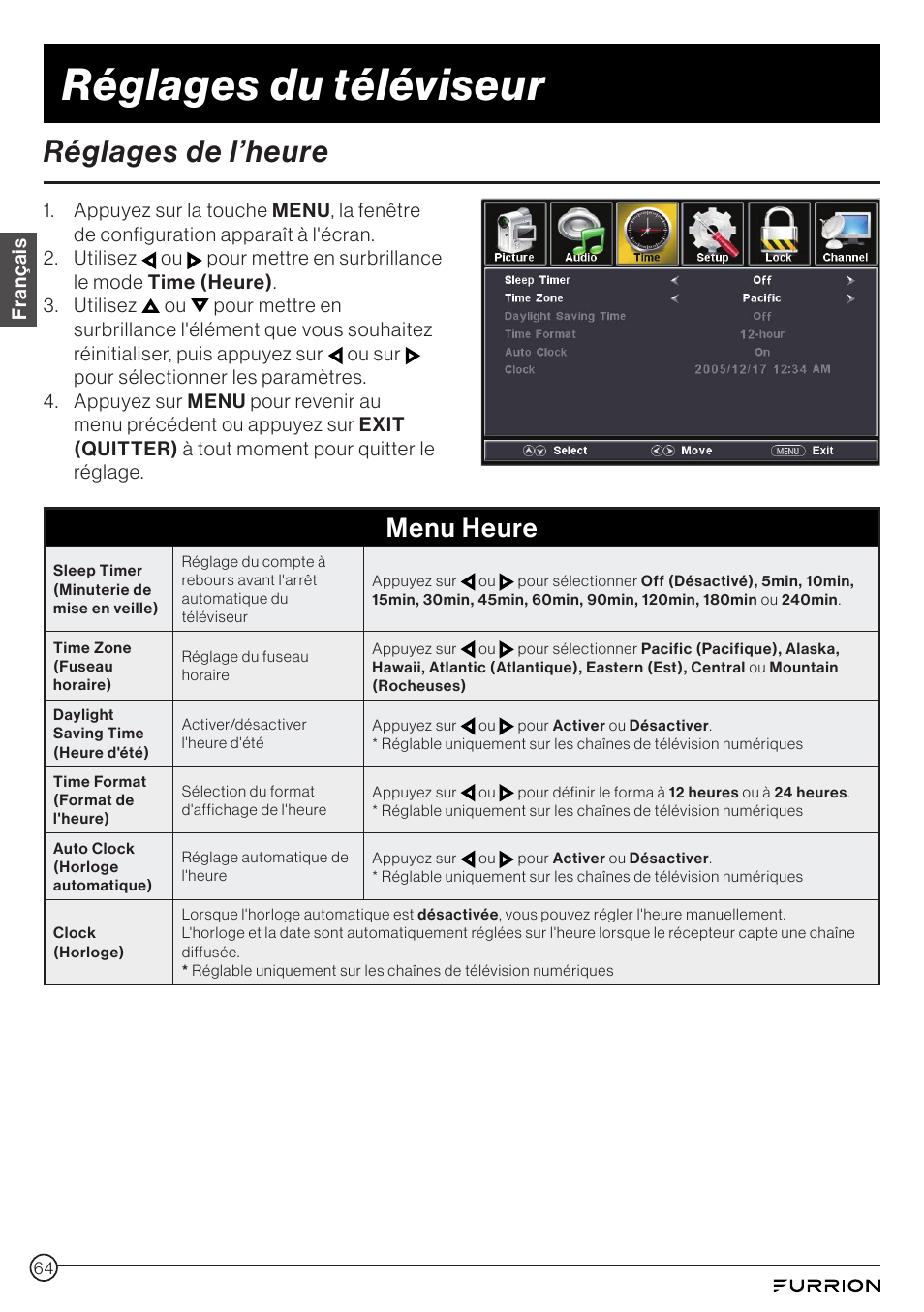 Réglages de l’heure, Réglages du téléviseur, Menu heure | Furrion Aurora 49" Class HDR 4K UHD Full-Shade Outdoor LED TV User Manual | Page 64 / 117