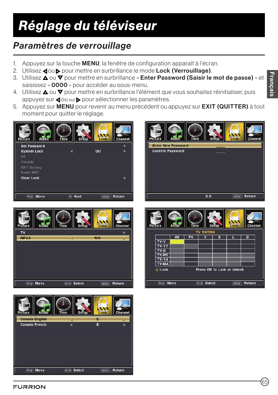 Paramètres de verrouillage, Réglage du téléviseur | Furrion Aurora 49" Class HDR 4K UHD Full-Shade Outdoor LED TV User Manual | Page 65 / 117