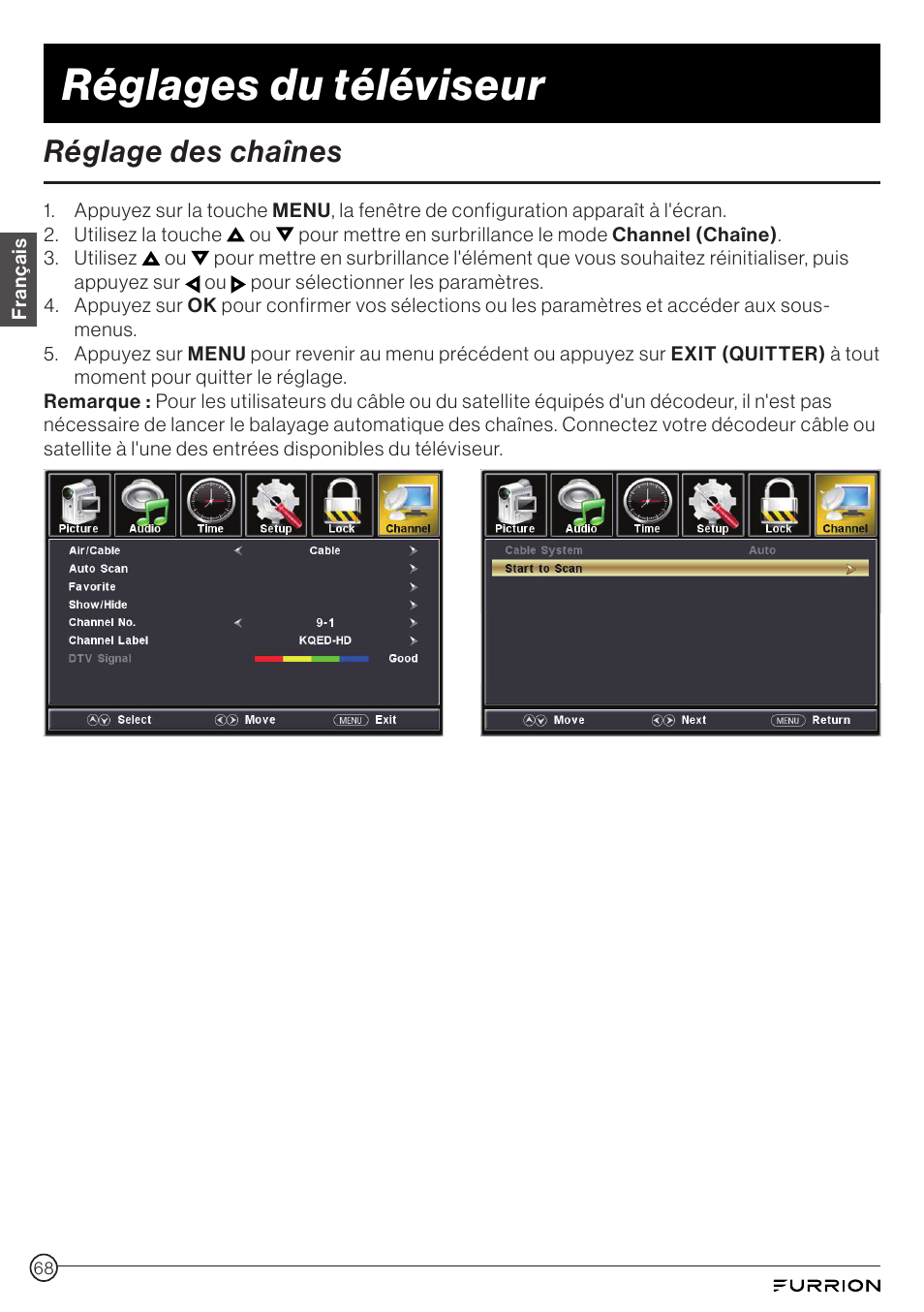 Réglage des chaînes, Réglages du téléviseur | Furrion Aurora 49" Class HDR 4K UHD Full-Shade Outdoor LED TV User Manual | Page 68 / 117