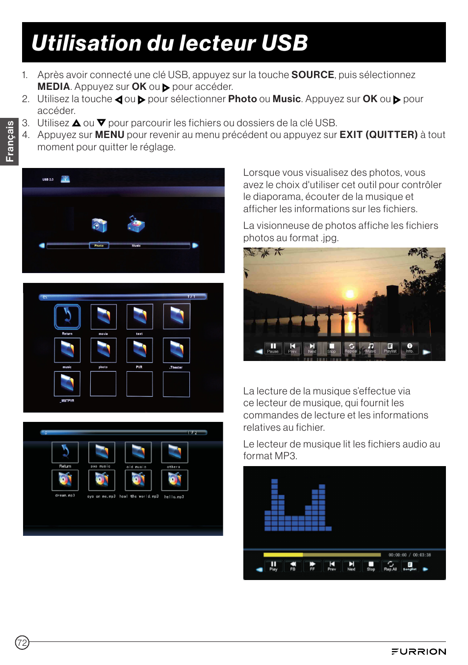 Utilisation du lecteur usb | Furrion Aurora 49" Class HDR 4K UHD Full-Shade Outdoor LED TV User Manual | Page 72 / 117
