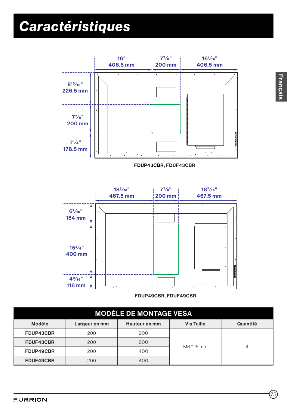 Caractéristiques, Modèle de montage vesa | Furrion Aurora 49" Class HDR 4K UHD Full-Shade Outdoor LED TV User Manual | Page 75 / 117