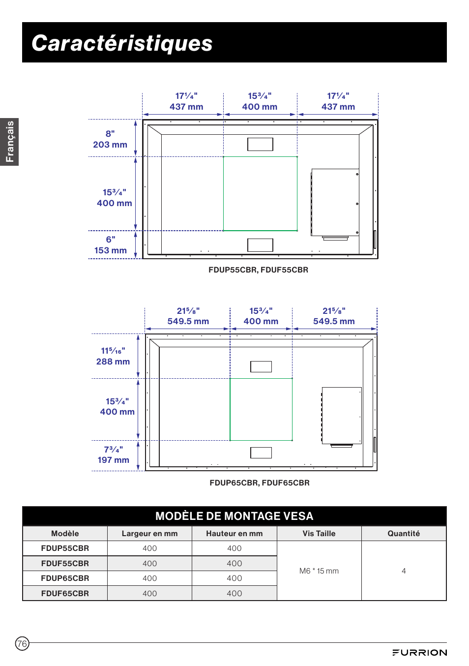 Caractéristiques, Modèle de montage vesa | Furrion Aurora 49" Class HDR 4K UHD Full-Shade Outdoor LED TV User Manual | Page 76 / 117