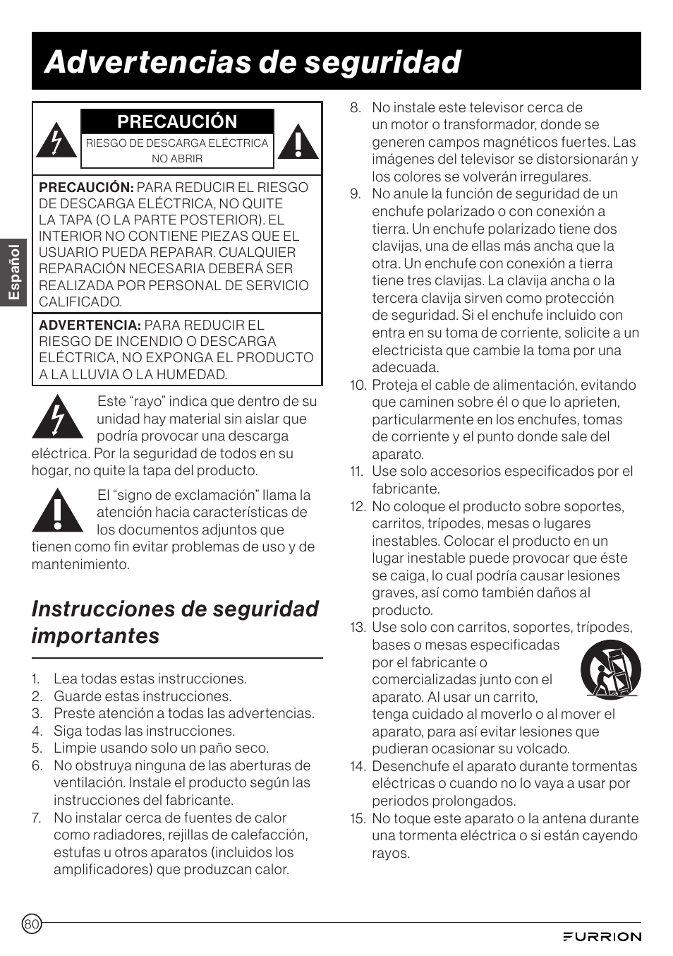 Advertencias de seguridad, Instrucciones de seguridad importantes, Precaución | Furrion Aurora 49" Class HDR 4K UHD Full-Shade Outdoor LED TV User Manual | Page 80 / 117